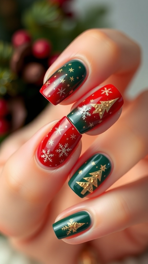 Elegant Christmas nail design with red, green, and gold accents featuring snowflakes and Christmas trees.